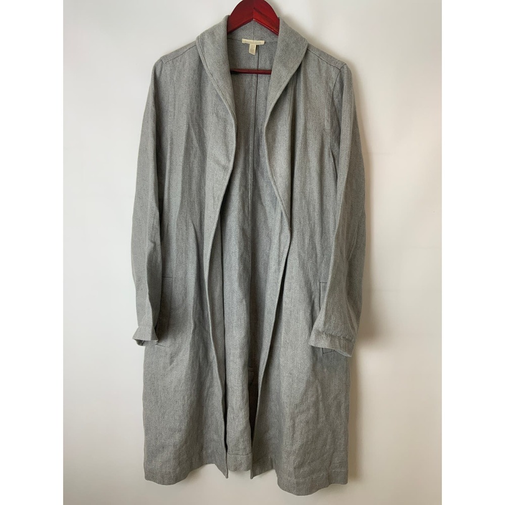 Eileen Fisher Journey Long Delave Organic Linen Topper Jacket Medium Beige